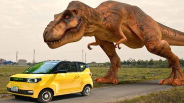 Tiny Yellow Car vs. the Giant Friendly Dino on the Country Road