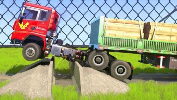 Funny Truck Stuck Challenge! Big Red Truck vs Wobbly Bridge Adventure